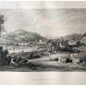 1844 Scene On Nith River Blackwood Engraving Victorian Scotland Animals DWSS21